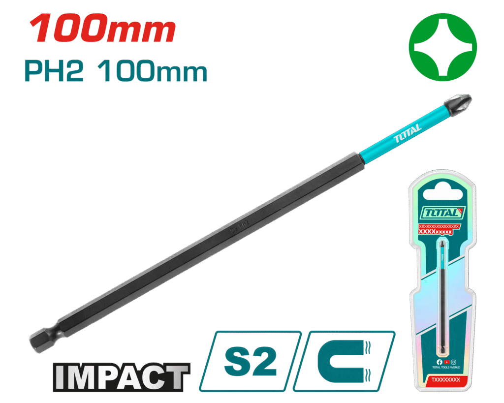 راسية درل مصلب PH2 – طول 100mm، فولاذ S2 مغناطيسي من توتال (TACIM71PH2100)