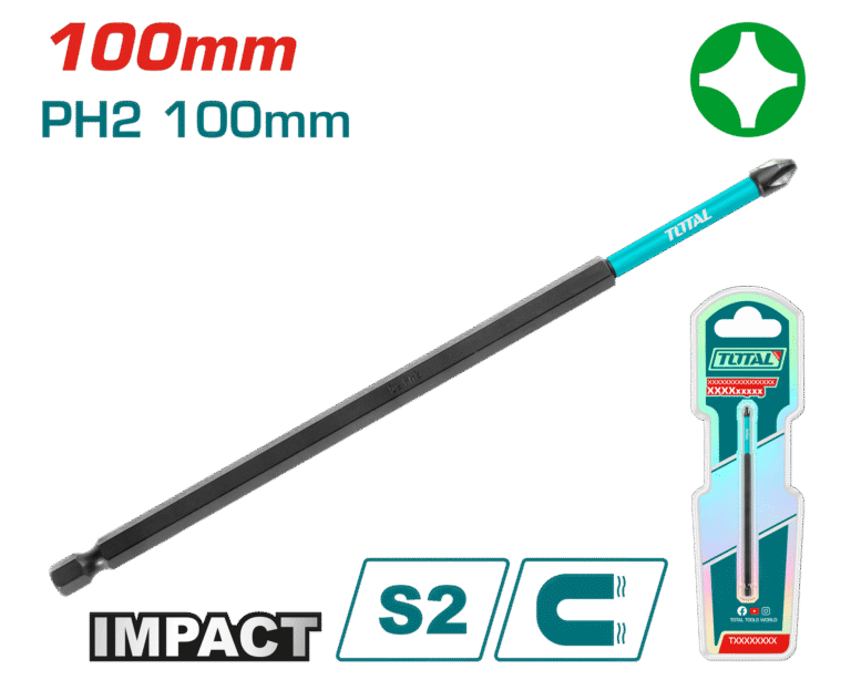 راسية درل مصلب PH2 – طول 100mm، فولاذ S2 مغناطيسي من توتال (TACIM71PH2100)