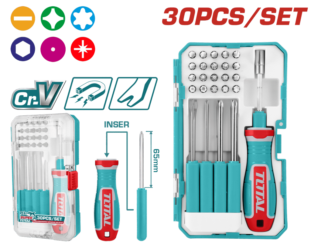 TOTAL 30 Pcs Interchangeable Screwdriver & Bits Set – Cr-V Steel (TACSD30306)