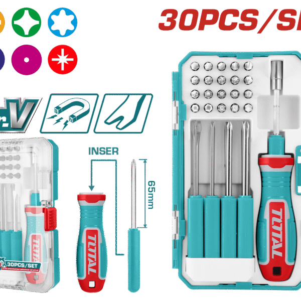TOTAL 30 Pcs Interchangeable Screwdriver & Bits Set – Cr-V Steel (TACSD30306)