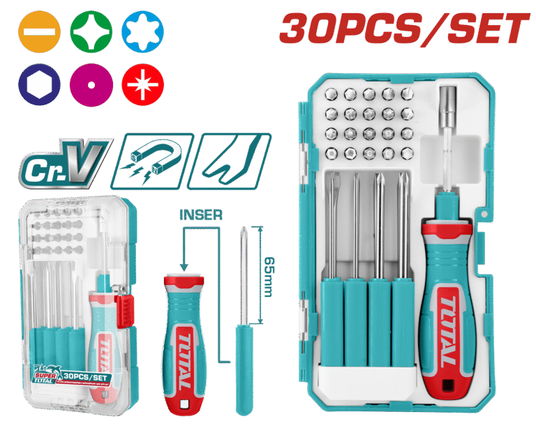 TOTAL 30 Pcs Interchangeable Screwdriver & Bits Set – Cr-V Steel (TACSD30306)