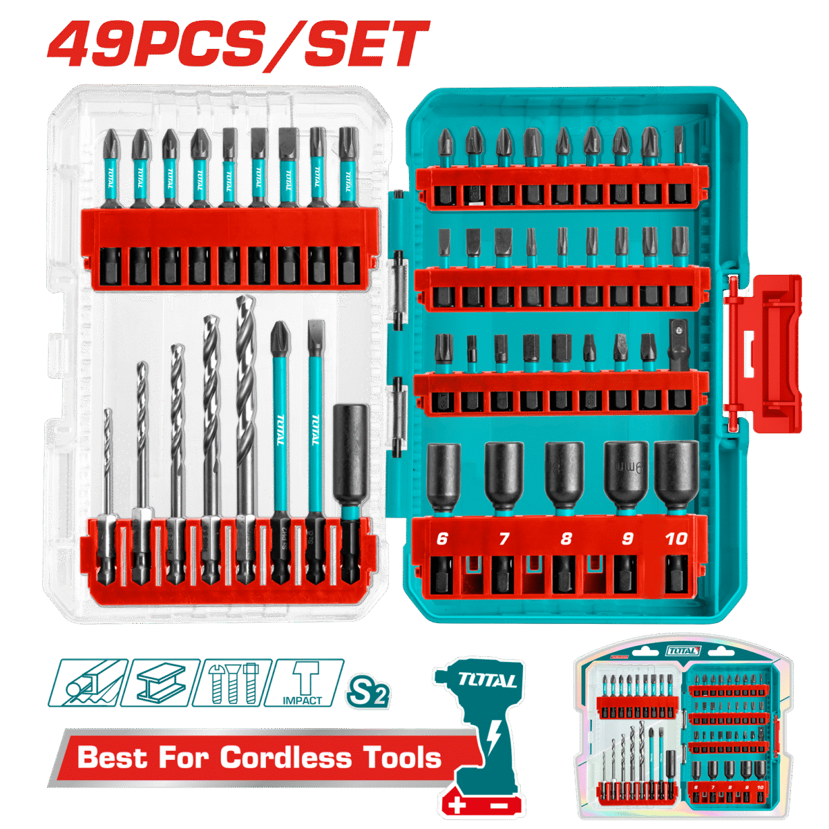 TOTAL 49 Pcs Impact Screwdriver Bits Set – Mixed Lengths, Nut Drivers & Drill Bits (TACSDL24906)