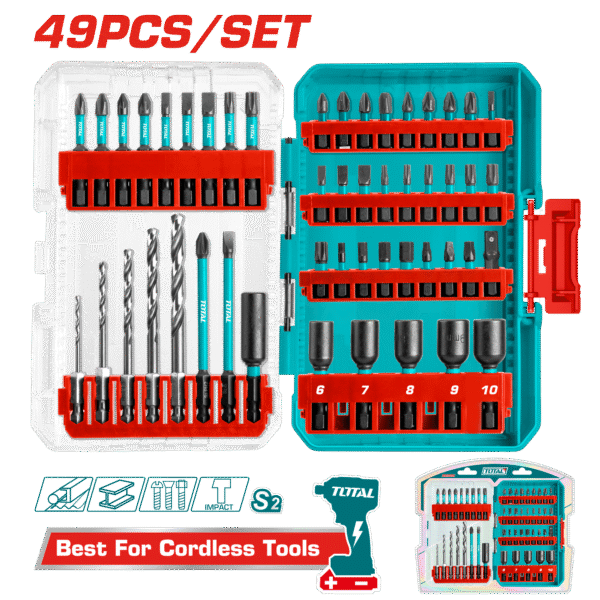 TOTAL 49 Pcs Impact Screwdriver Bits Set – Mixed Lengths, Nut Drivers & Drill Bits (TACSDL24906)