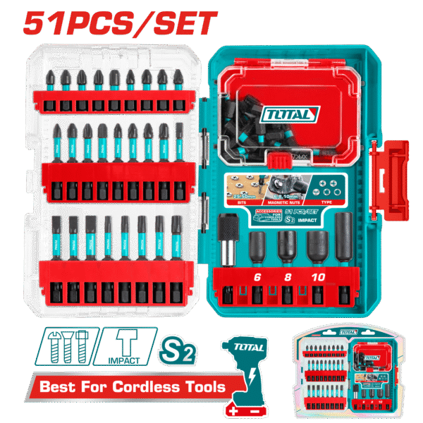 TOTAL 51 Pcs Impact Screwdriver Bits Set with Magnetic Holders – Heavy Duty Precision Kit (TACSDL25106)