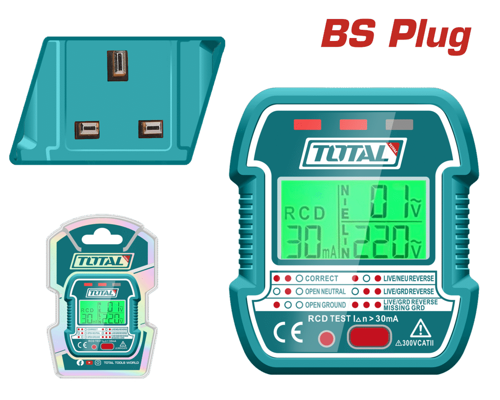 TOTAL LCD Socket Tester with RCD Function – BS Plug, 90–250V AC, Seven Test Modes, Backlit Display (TESST30012)