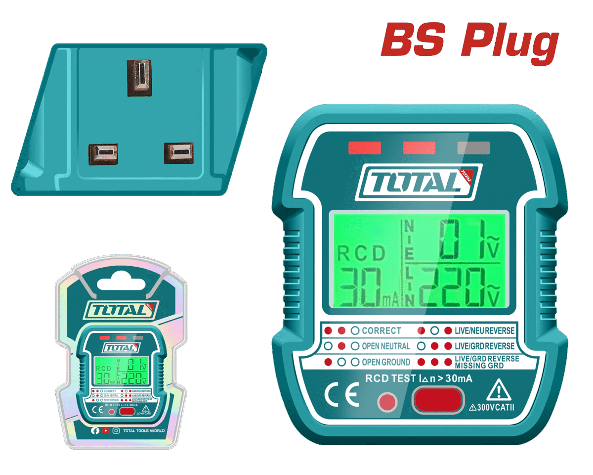 TOTAL LCD Socket Tester with RCD Function – BS Plug, 90–250V AC, Seven Test Modes, Backlit Display (TESST30012)