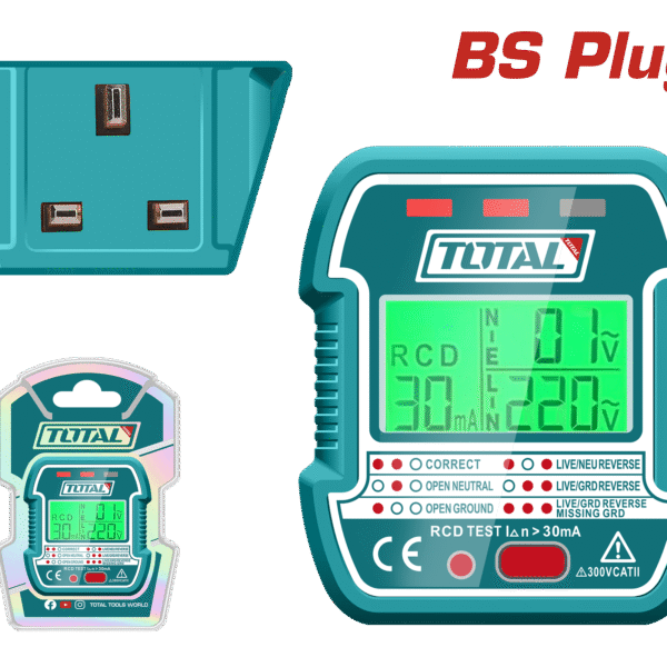 TOTAL LCD Socket Tester with RCD Function – BS Plug, 90–250V AC, Seven Test Modes, Backlit Display (TESST30012)