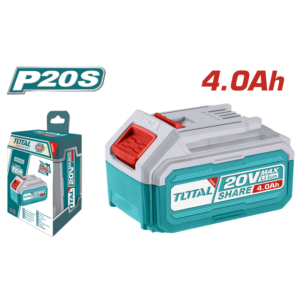 TOTAL 20V 4.0Ah Lithium-Ion Battery Pack with LED Indicator – P20S Series (TFBLI20021)
