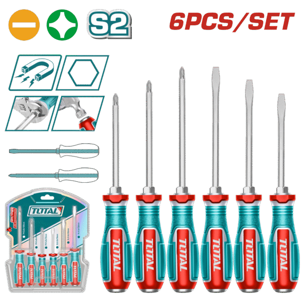 TOTAL 6 Pcs Go-Through Screwdriver Set – Heavy-Duty S2 Steel with Hex Shank (TGTST0606)