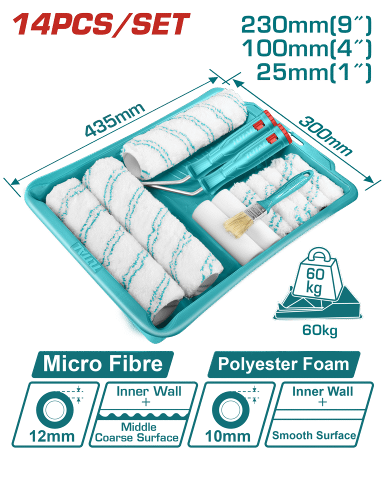 TOTAL Cylinder Paint Roller Set 14-in-1 for Inner Wall – Complete Painting Kit with Tray and Brushes (THT862302)