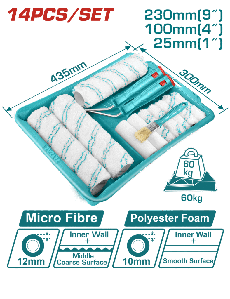 TOTAL Cylinder Paint Roller Set 14-in-1 for Inner Wall – Complete Painting Kit with Tray and Brushes (THT862302)