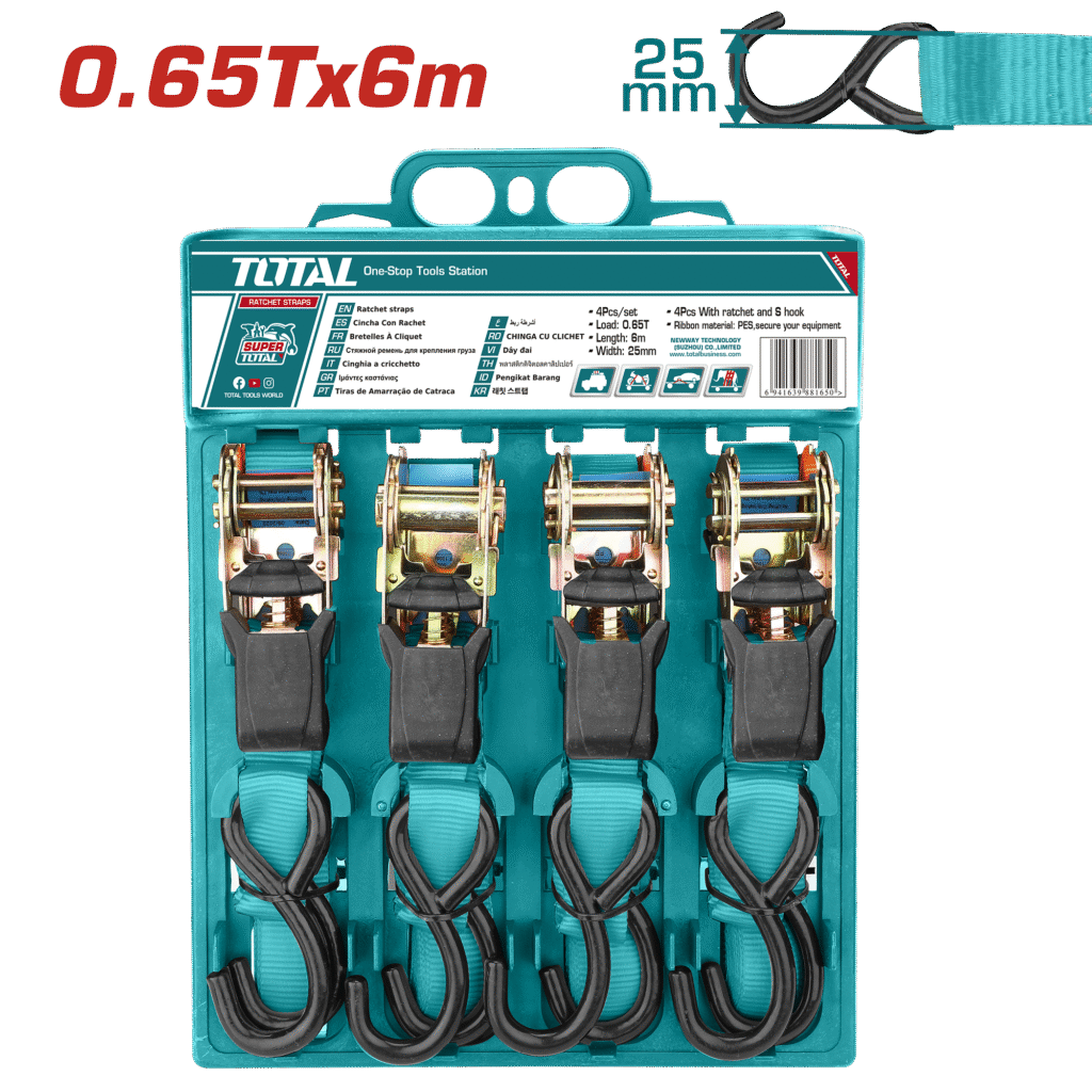 TOTAL 4pcs Ratchet Straps Set – 0.65T Load Capacity, 6m Length, S-Hook, Heavy Duty Tie-Down Straps (THTRS065606)