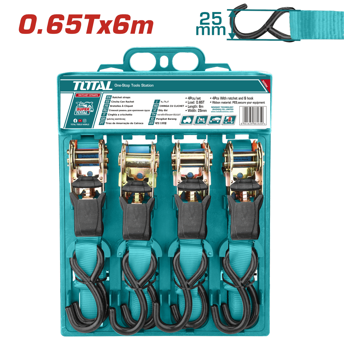 TOTAL 4pcs Ratchet Straps Set – 0.65T Load Capacity, 6m Length, S-Hook, Heavy Duty Tie-Down Straps (THTRS065606)