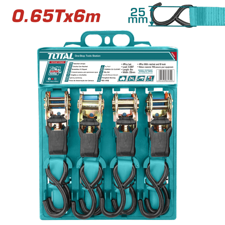 TOTAL 4pcs Ratchet Straps Set – 0.65T Load Capacity, 6m Length, S-Hook, Heavy Duty Tie-Down Straps (THTRS065606)