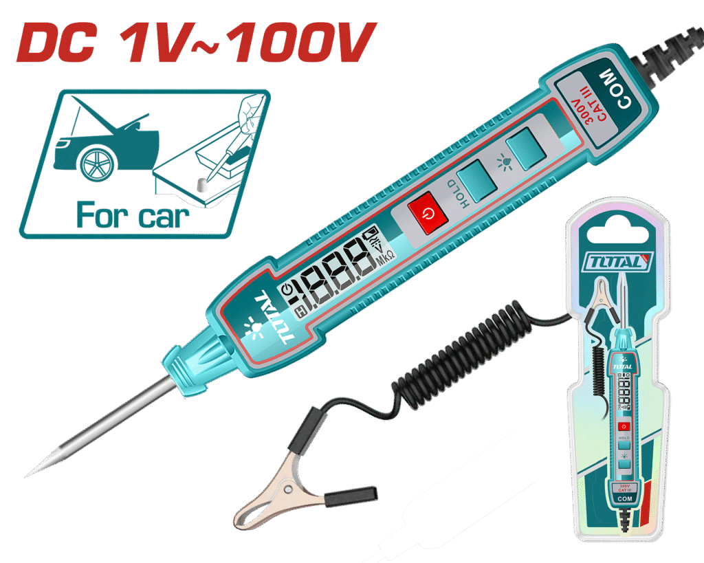 TOTAL Automotive Digital Circuit Tester with Backlight & Flashlight – DC 1-100V, 2700mm Cable (THTS41001)