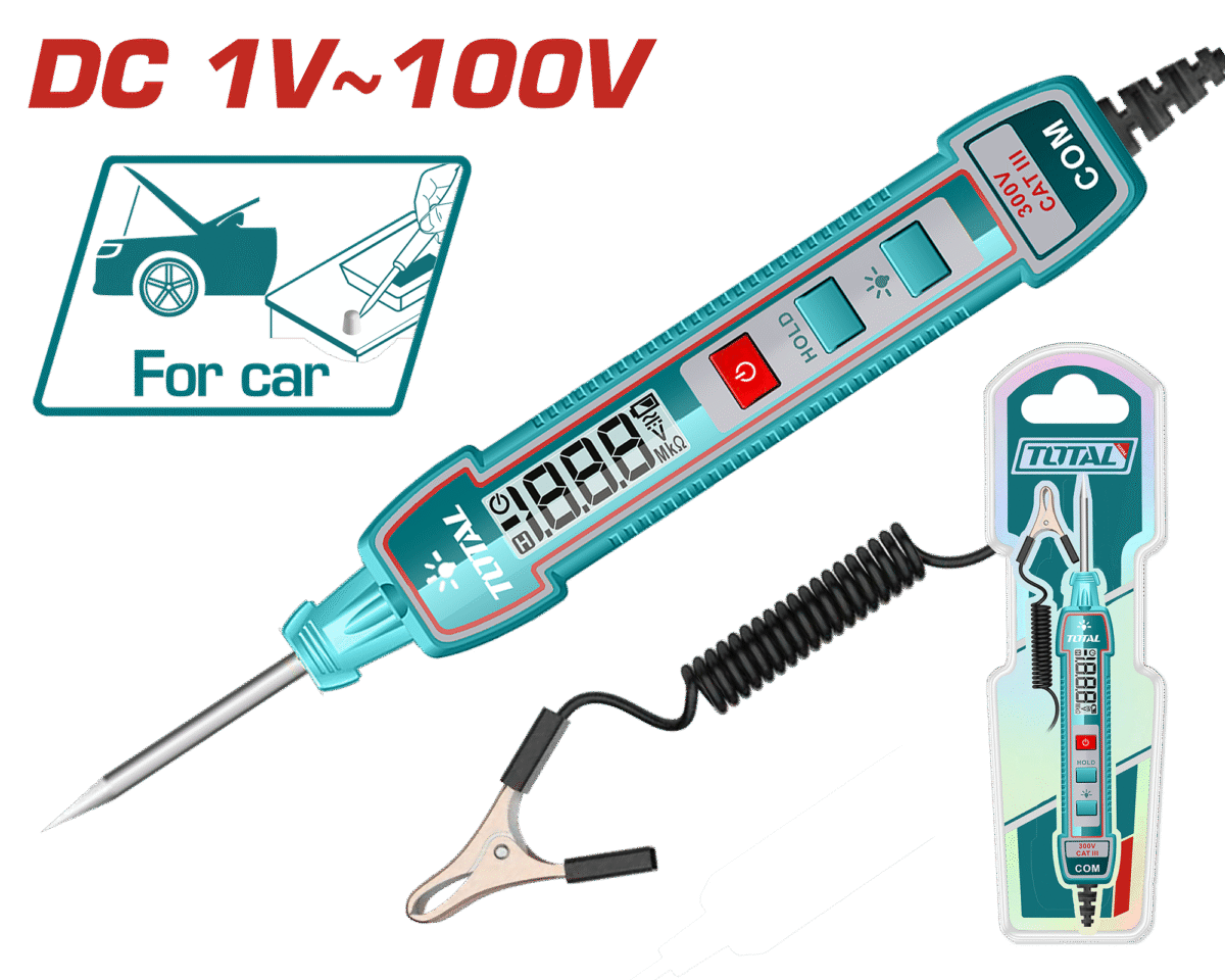 TOTAL Automotive Digital Circuit Tester with Backlight & Flashlight – DC 1-100V, 2700mm Cable (THTS41001)