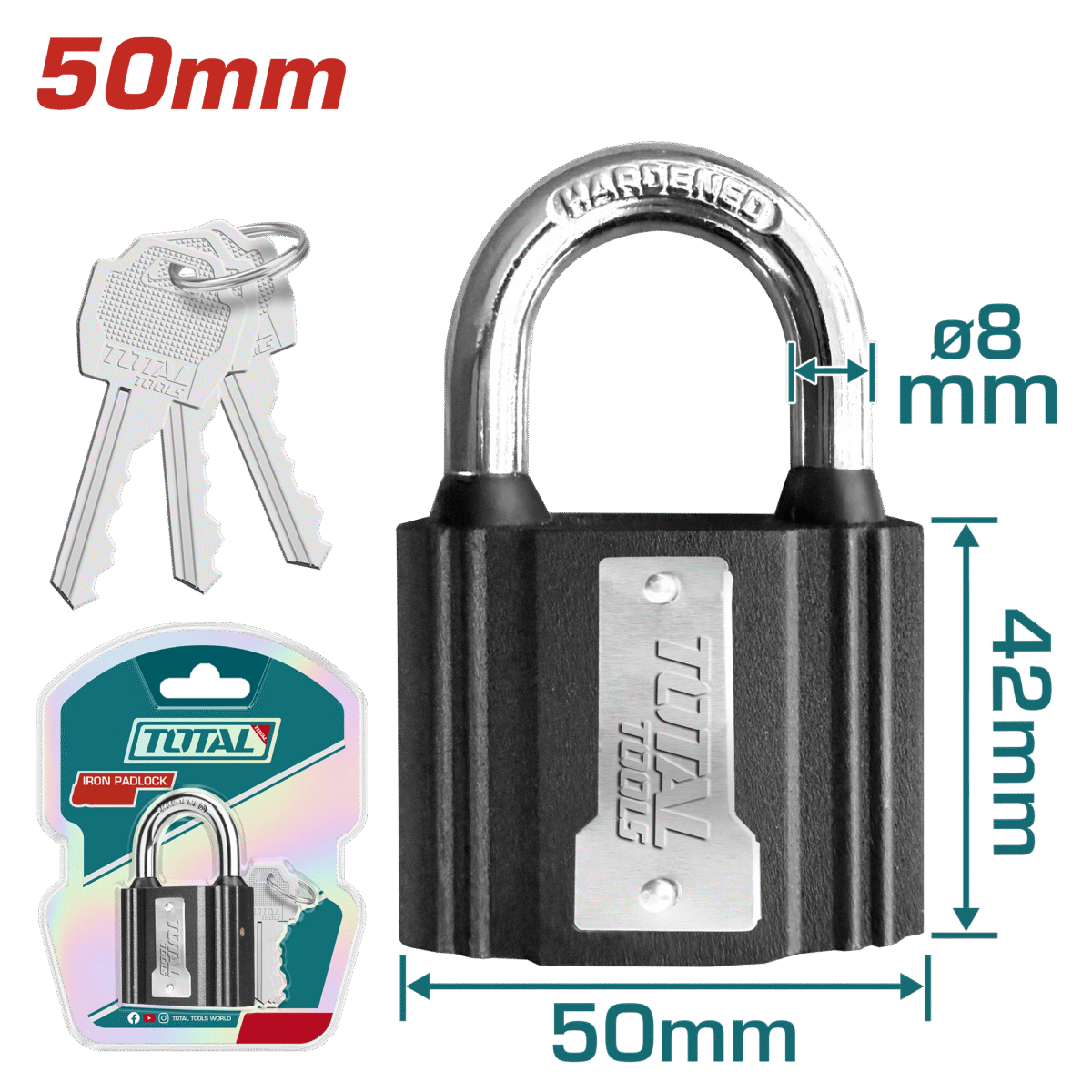 قفل حديدي 50mm مع أسطوانة نحاس وغطاء مقاوم للماء – مع 3 مفاتيح من توتال (TLK31501)