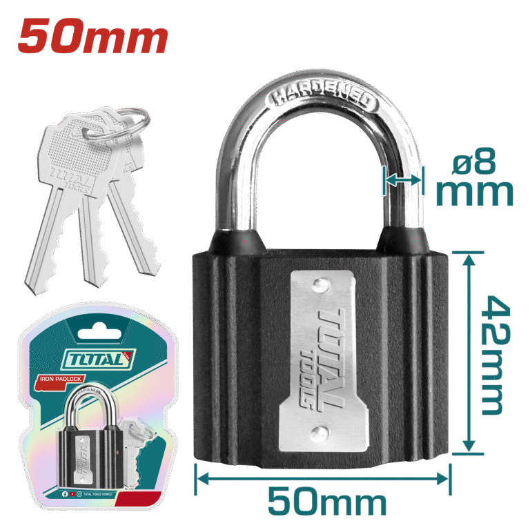 قفل حديدي 50mm مع أسطوانة نحاس وغطاء مقاوم للماء – مع 3 مفاتيح من توتال (TLK31501)