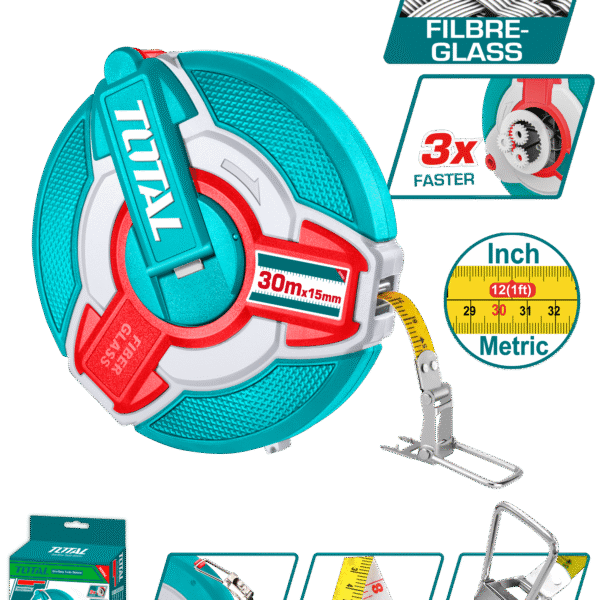 TOTAL Fiberglass Measuring Tape 30m x 15mm – Fast Rewind, Dual Scale, Rubber Covered (TMTF18306)