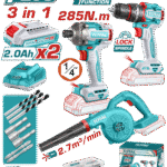 TOTAL Cordless 3 Pcs Combo Kit – 20V Brushless Impact Drill, Driver & Blower with Batteries and Accessories (TOSLI250182)