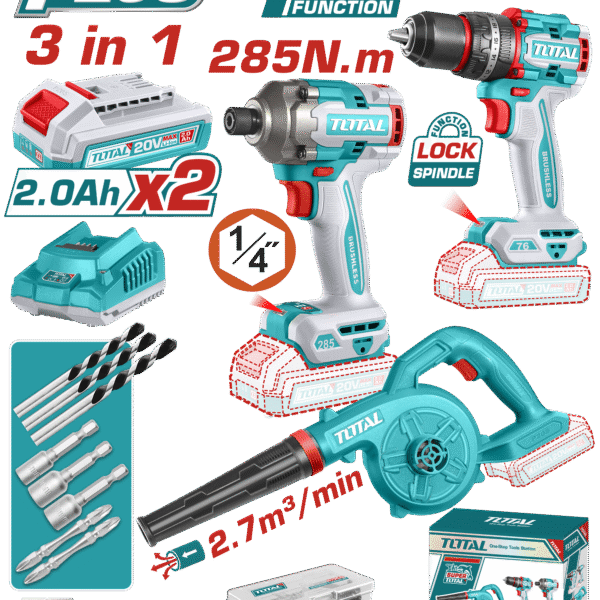 TOTAL Cordless 3 Pcs Combo Kit – 20V Brushless Impact Drill, Driver & Blower with Batteries and Accessories (TOSLI250182)