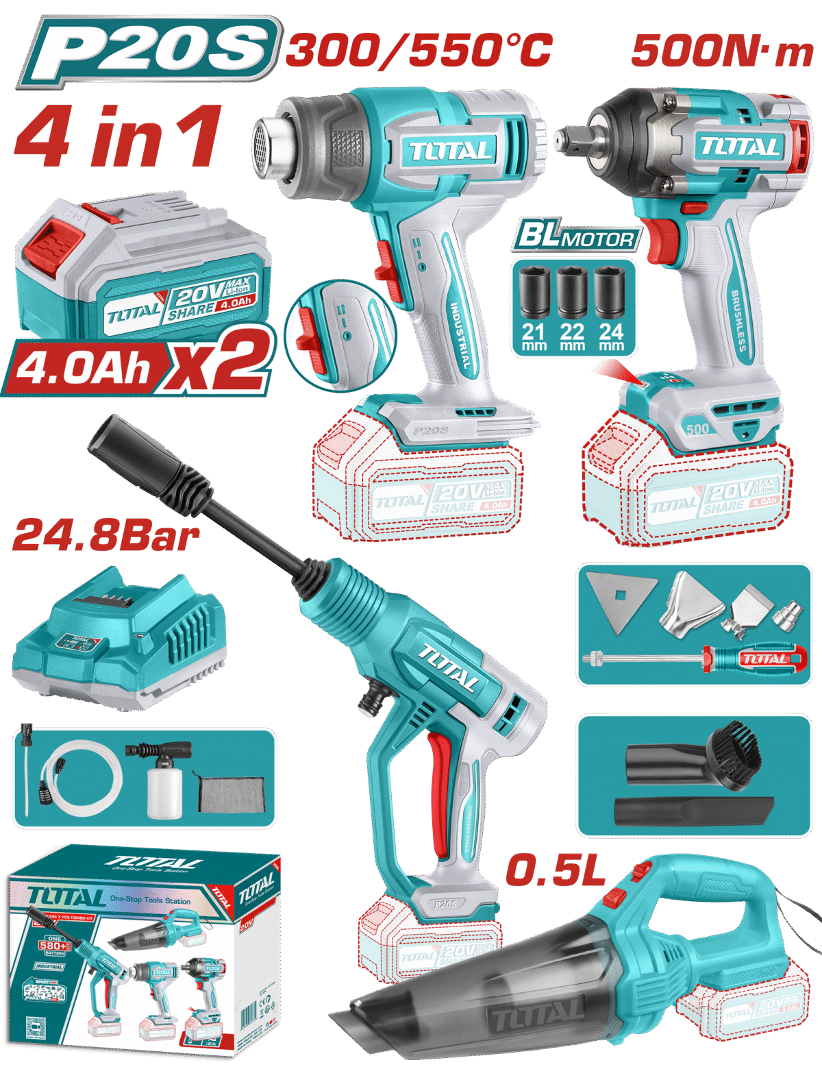 TOTAL Cordless 4Pcs Combo Kit – 20V Heat Gun, Vacuum Cleaner, Pressure Washer & Impact Wrench with Accessories (TOSLI250208)