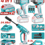 TOTAL Cordless 4Pcs Combo Kit – 20V Heat Gun, Vacuum Cleaner, Pressure Washer & Impact Wrench with Accessories (TOSLI250208)