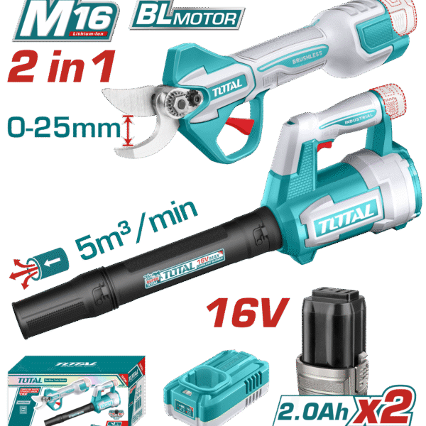 TOTAL Cordless 2pcs Combo Kit – 16V Brushless Gauge Straight Shear & Blower (TOSLI250385)