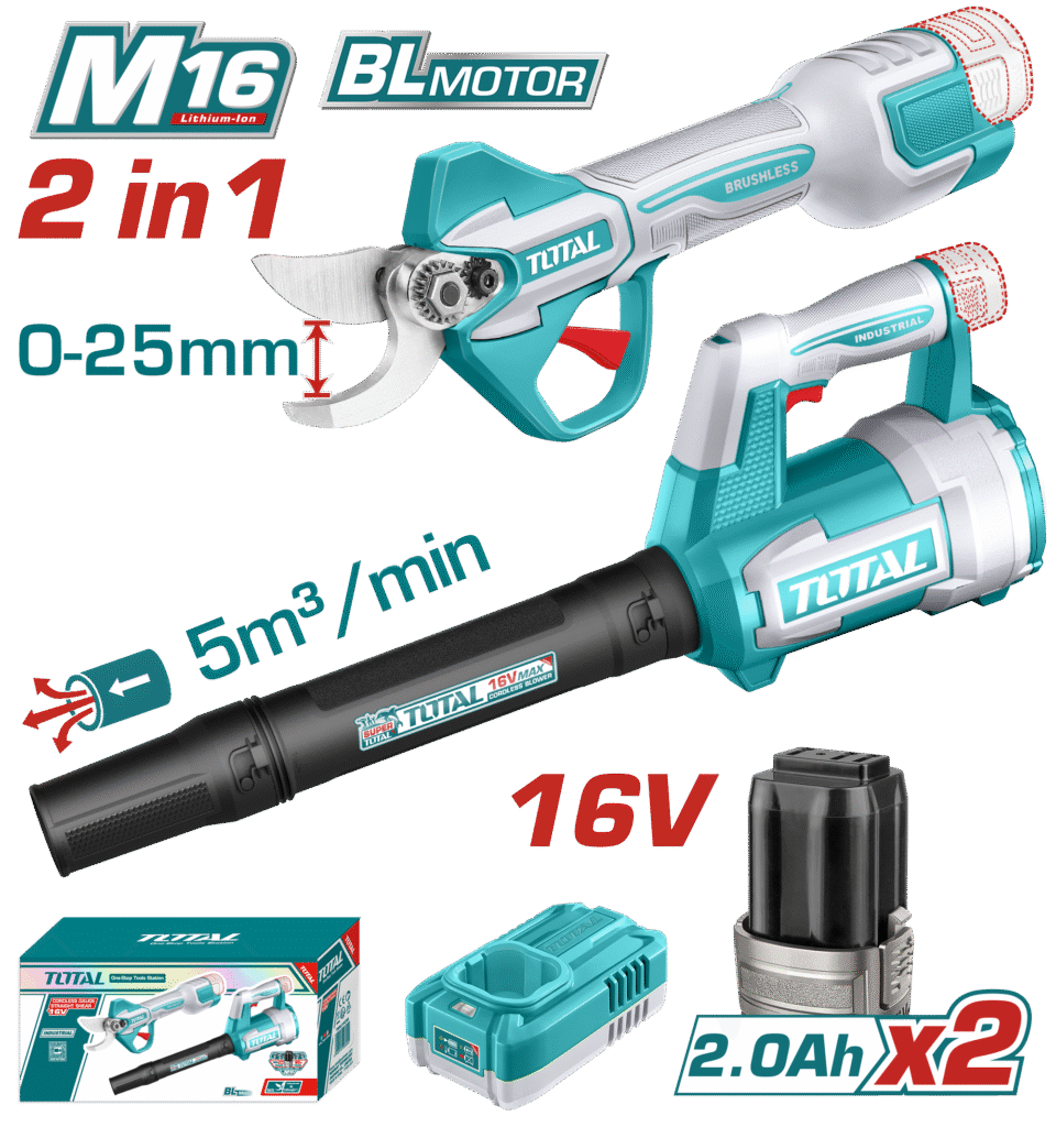 طقم أدوات شحن قطعتين – 16V مقص اغصان شجيرات و بلور هواء بدون فحمات من توتال (TOSLI250385)