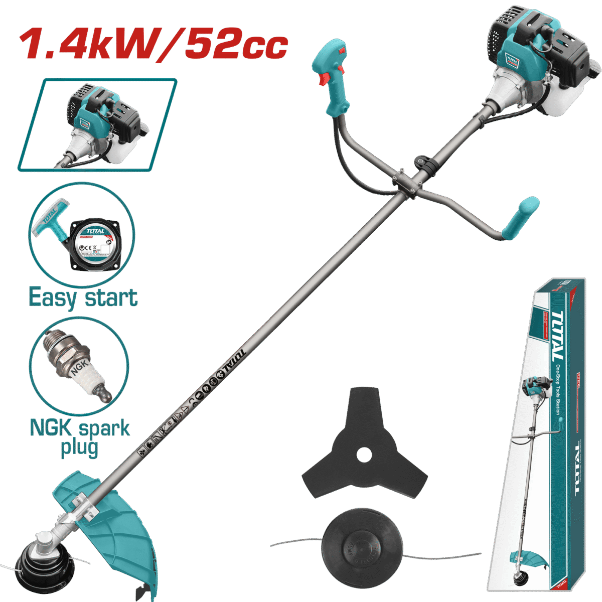 TOTAL 52cc Gasoline Grass Trimmer & Brush Cutter – 2-in-1, 1.4kW, Easy Start(TP5524411)