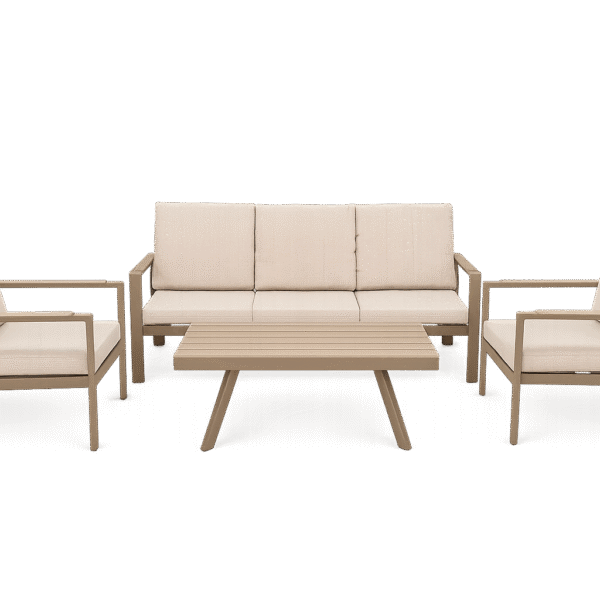 Modern Outdoor Aluminum Sofa Set with Faux Wood Coffee Table – 4 Piece