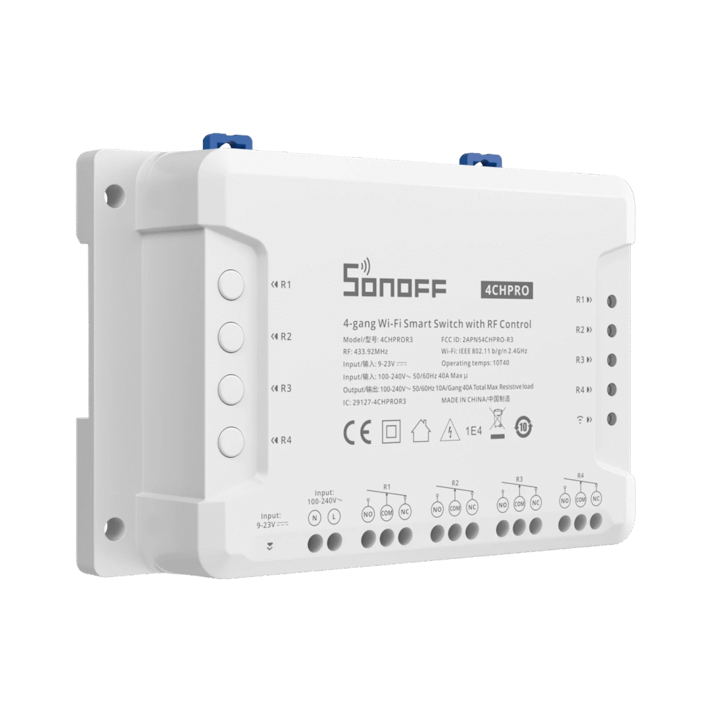 SONOFF 4CHPROR3 4-Gang Wi-Fi Smart Switch with RF Control – Voice & App Control, DIN Rail Mount, 10A/Gang