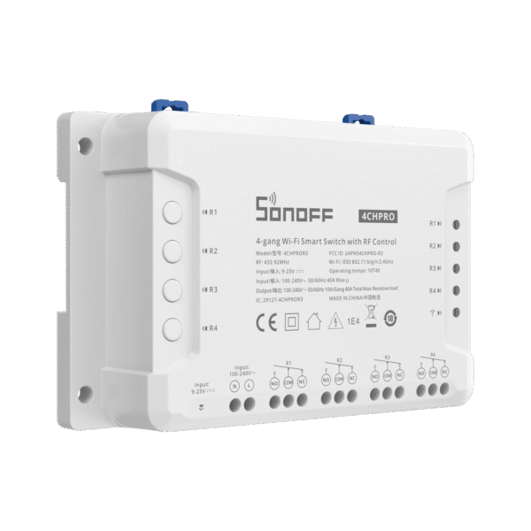 SONOFF 4CHPROR3 4-Gang Wi-Fi Smart Switch with RF Control – Voice & App Control, DIN Rail Mount, 10A/Gang