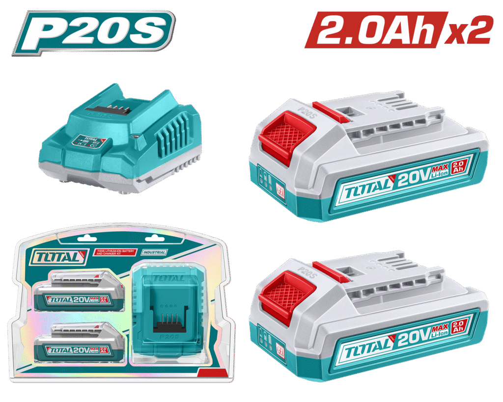 طقم بطارية و شاحن ليثيوم أيون P20S قوة 20 فولت - بطاريتان 2 أمبير + شاحن من توتال (TFBCPK2212)