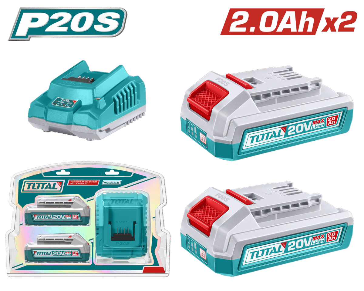 طقم بطارية و شاحن ليثيوم أيون P20S قوة 20 فولت - بطاريتان 2 أمبير + شاحن من توتال (TFBCPK2212)