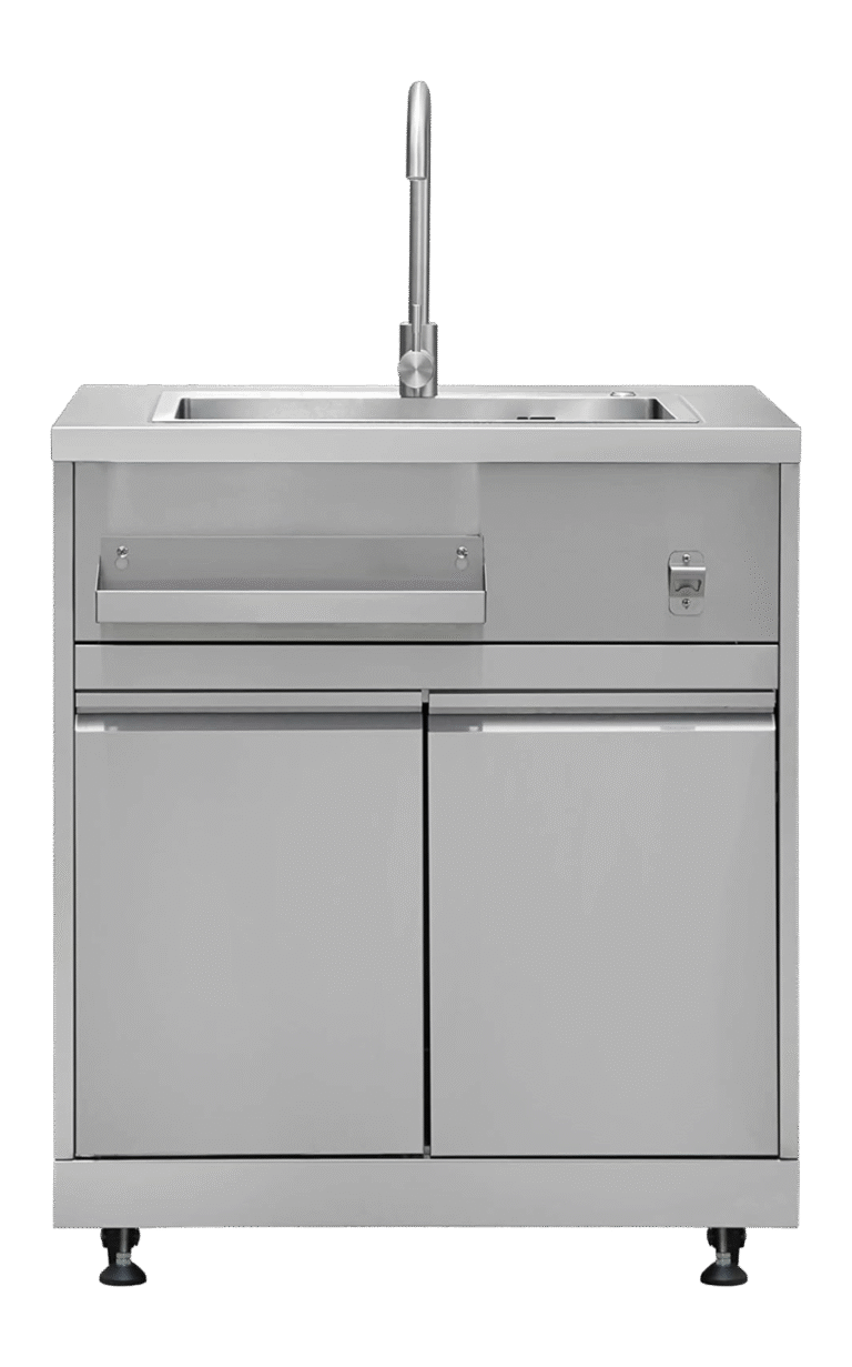 Outdoor Stainless Steel Sink Cabinet with Faucet, Storage Tray, Casters & Bottle Opener – 32"