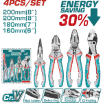 TOTAL 4 Pcs Pliers Set – Cr-V Steel, Multi-Function with TRP Handle (THT2K0488)