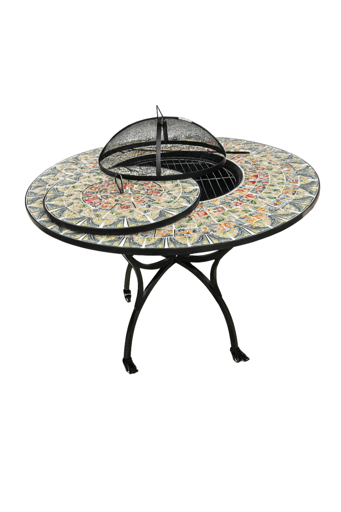 Round Mosaic Tile Fire Pit Table – Decorative Outdoor Wood-Burning Heater