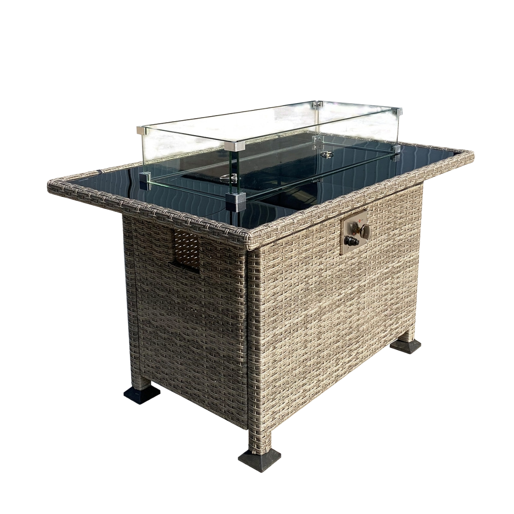 Heat-Resistant Fire Pit Table with Glass Surface and Metal Base – Gray Steel Design