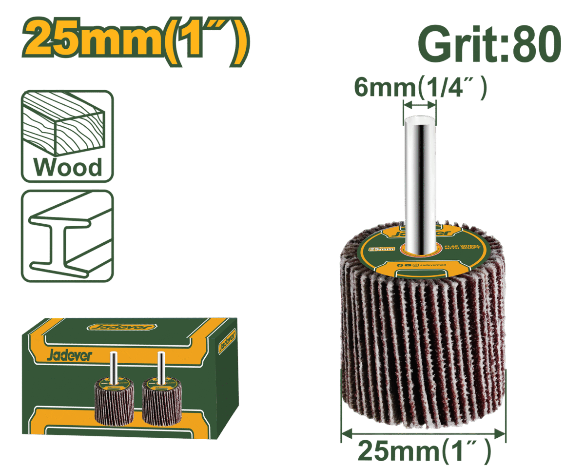 JADEVER Flap Wheel with Shaft 25mm x 25 x 6mm – Grit 80# (JDYW2503)