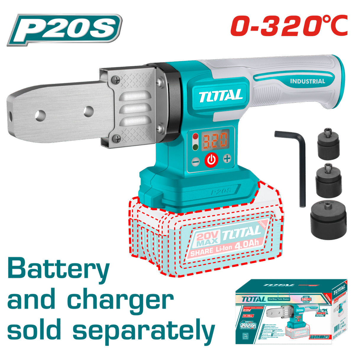TOTAL Cordless Plastic Tube Welding Tool 20V – 320℃ Adjustable Temperature - Battery & Charger Sold Separately (TWTLI2018)