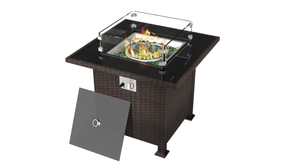 Square Tile Top Gas Fire Pit Table – Brown Steel Frame with Glass Beads & Windscreen