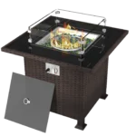 مدفأة طاولة غاز مربعة – هيكل فولاذي بني مع سطح زجاجي وحبيبات زجاجية مقاومة للحرارة