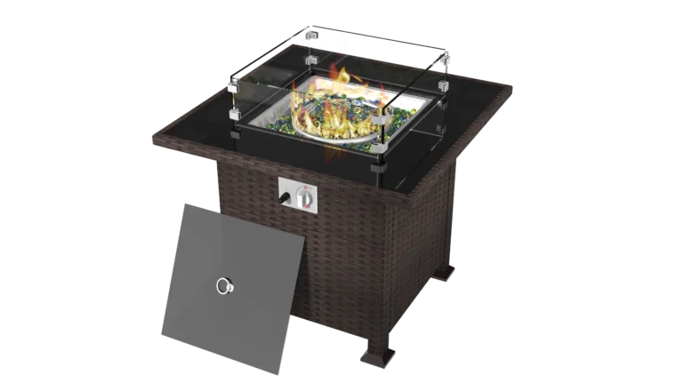 مدفأة طاولة غاز مربعة – هيكل فولاذي بني مع سطح زجاجي وحبيبات زجاجية مقاومة للحرارة