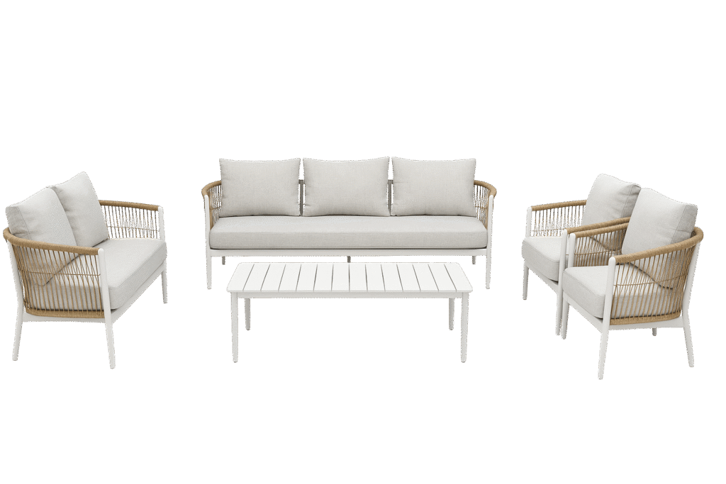 7-Seater Outdoor Sofa Set – Aluminum Frame with Twisted Rattan & Cushions, Includes Coffee Table