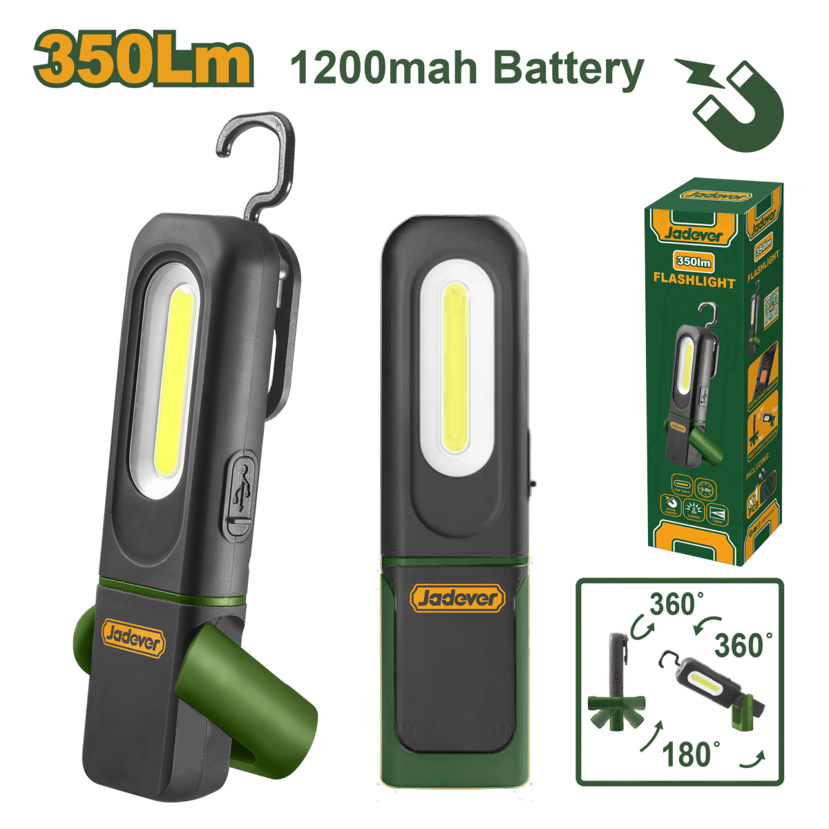 لوكس شحن – إضاءة 350 لومين، بطارية 1200mAh، تشغيل حتى 6.5 ساعات، مقاومة IP62 من جادايفر (JDFL7508)