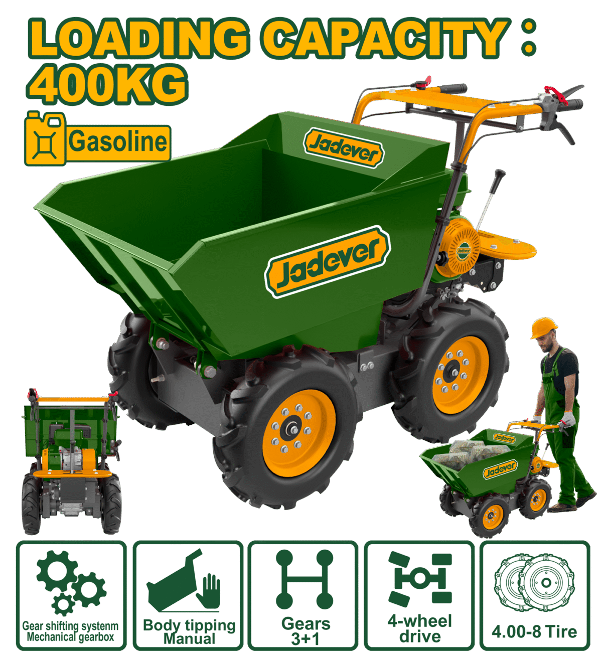 عربة نقل بنزين صغيرة – 6.5HP، حمولة 400كغ، تفريغ يدوي، تصميم قوي عملي من جادايفر (JDFTP1A400)
