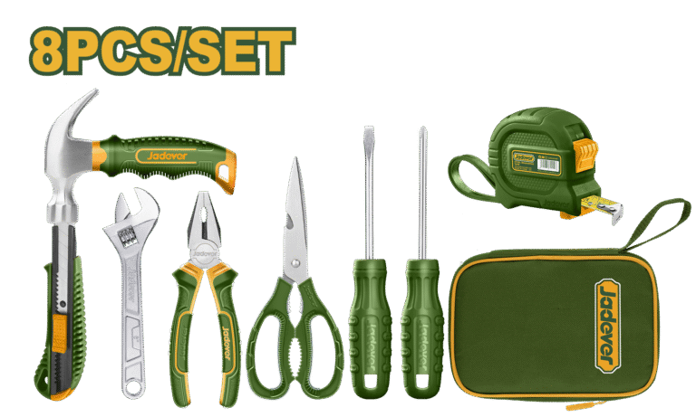 JADEVER 8 Pcs Hand Tools Set – Measuring Tape, Screwdrivers, Pliers, Scissors, Adjustable Wrench, Knife & Mini Hammer (JDHS1M08)