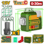 JADEVER Cordless 3D Green Laser Level – 12V, 30m Range, 360° Horizontal & Vertical Lines, USB-C Charging (JDLE8M12)