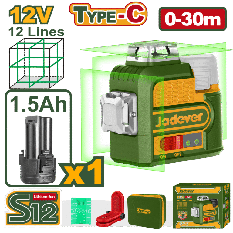 JADEVER Cordless 3D Green Laser Level – 12V, 30m Range, 360° Horizontal & Vertical Lines, USB-C Charging (JDLE8M12)